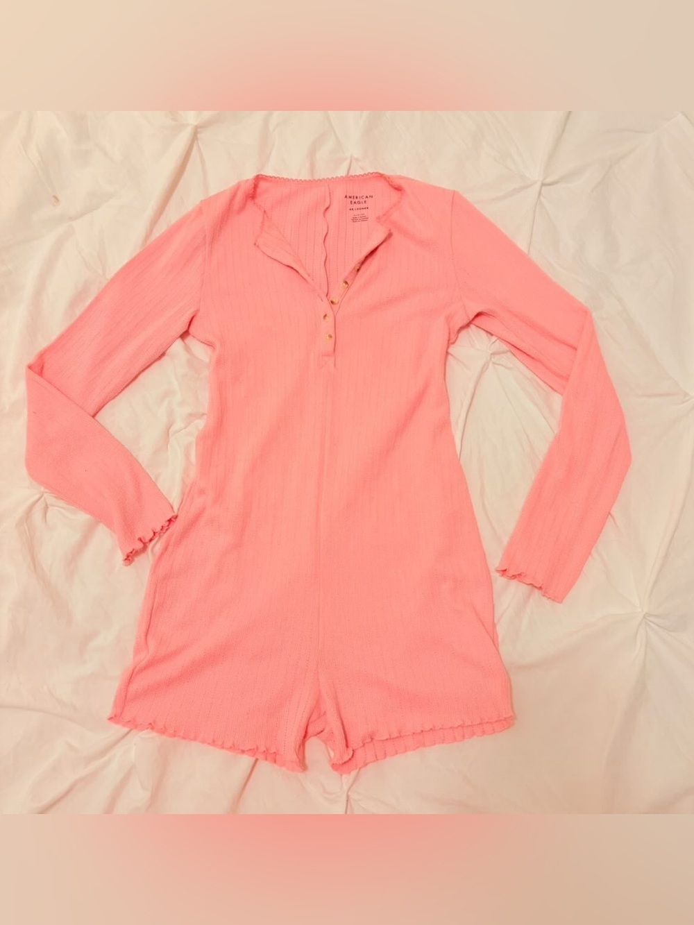 American Eagle Outfitters Pink Ribbed Long-Sleeve One-Piece Romper